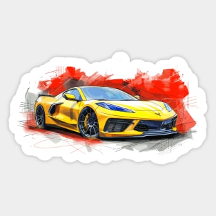 Accelerate Yellow C8 Corvette Tech Drawing Style Red Background Supercar Sportscar Racecar Muscle Car Corvette C8 Sticker